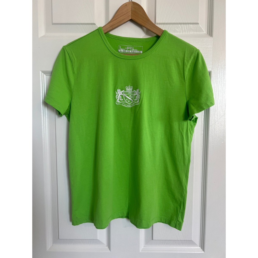 Y2K Preppy Lime Green Crest Tee L-RL Lauren Active Ralph Lauren Womens L